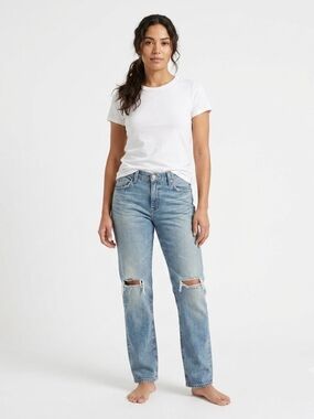 Light Blue Distressed High-Rise Straight Jeans - Women